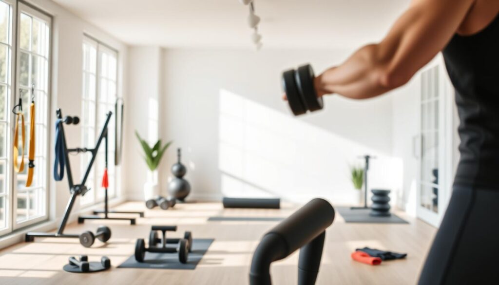 A bright, airy home gym with natural light streaming through large windows, showcasing various strength training equipment like dumbbells, resistance bands, and a yoga mat. In the foreground, a person performing a full-body workout, their muscles engaged as they lift weights with perfect form. The middle ground features a sleek, minimalist design with a neutral color palette, creating a calming, focused atmosphere. The background blends seamlessly, hinting at a serene, uncluttered living space, encouraging the viewer to imagine the transformative power of home strength training.