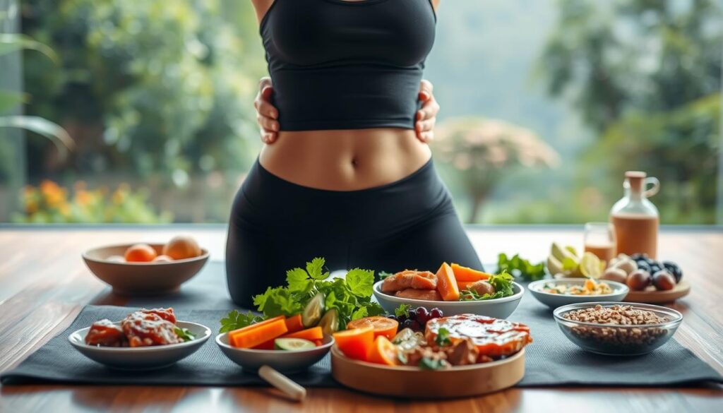 A comprehensive approach to belly fat reduction showcases a well-balanced lifestyle. In the foreground, a person performs targeted abdominal exercises on a yoga mat, their muscles engaged. In the middle ground, healthy meals are arranged, featuring lean proteins, fresh vegetables, and whole grains. The background depicts a peaceful, natural setting with lush greenery and soft lighting, conveying a sense of tranquility and well-being. The overall scene embodies a holistic, sustainable path to achieving a toned, healthy midsection through a combination of mindful movement, nourishing nutrition, and restorative self-care. A comprehensive approach to belly fat reduction showcases a well-balanced lifestyle. In the foreground, a person performs targeted abdominal exercises on a yoga mat, their muscles engaged. In the middle ground, healthy meals are arranged, featuring lean proteins, fresh vegetables, and whole grains. The background depicts a peaceful, natural setting with lush greenery and soft lighting, conveying a sense of tranquility and well-being. The overall scene embodies a holistic, sustainable path to achieving a toned, healthy midsection through a combination of mindful movement, nourishing nutrition, and restorative self-care.