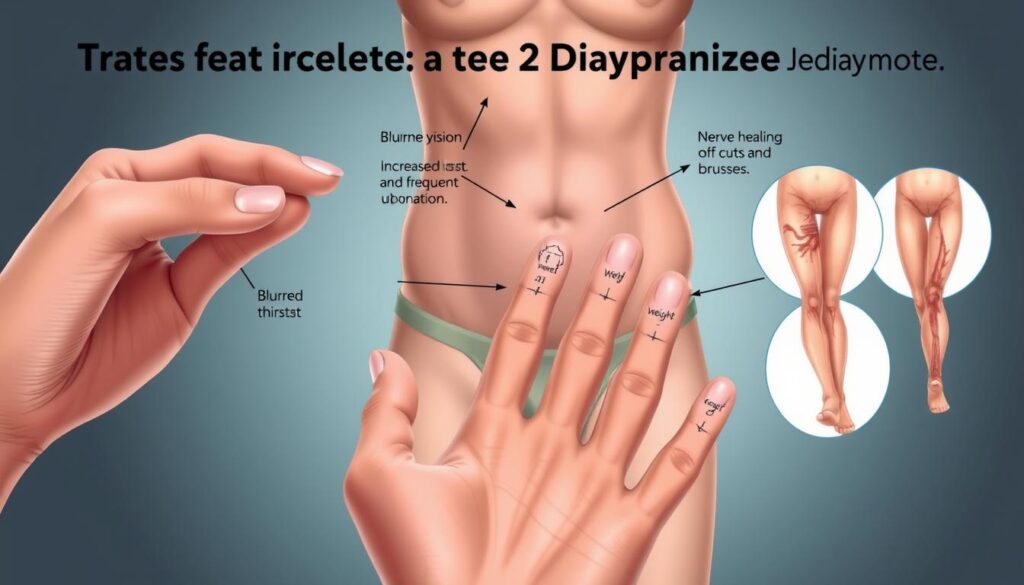 A detailed illustration depicting the most common early symptoms of type 2 diabetes. In the foreground, a close-up view of a person's hand with classic signs such as blurred vision, increased thirst, and frequent urination. In the middle ground, a torso with a focus on the abdomen, showcasing potential weight loss and slow healing of cuts and bruises. In the background, a subtle representation of nerve damage and circulation issues in the legs and feet. Rendered in a realistic, scientific style with soft, muted lighting to convey the seriousness of the condition. Emphasis on capturing the early warning signs to raise awareness and promote timely medical intervention.