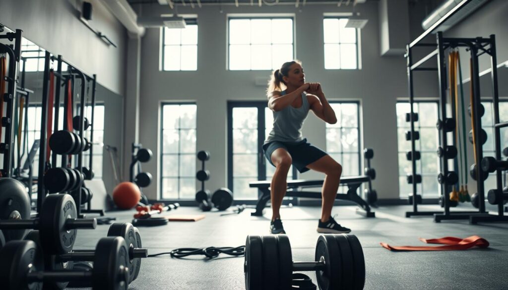 A well-lit, high-contrast gym interior with diverse strength training equipment in the foreground, including free weights, resistance bands, and a weight bench. In the middle ground, a person performing a squat exercise with proper form, muscles engaged, showcasing the benefits of strength training. The background features a large window with natural light streaming in, creating a bright, motivating atmosphere. The overall image conveys the transformative power and holistic advantages of strength training, from improved muscle strength and bone density to enhanced metabolic health and functional fitness.