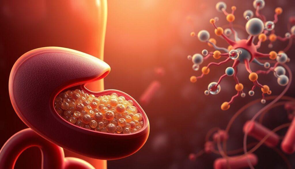 Detailed digital illustration showcasing the development of type 2 diabetes. In the foreground, a cross-section of the human pancreas, depicting the gradual degeneration of insulin-producing beta cells. In the middle ground, a network of blood vessels and surrounding tissues, illustrating the progressive insulin resistance. In the background, a molecular visualization of glucose and insulin signaling pathways, highlighting the disruption that leads to hyperglycemia. The lighting is warm and subdued, creating a contemplative atmosphere. The composition emphasizes the interconnected nature of the biological processes underlying type 2 diabetes, guiding the viewer towards a deeper understanding of this prevalent metabolic disorder.